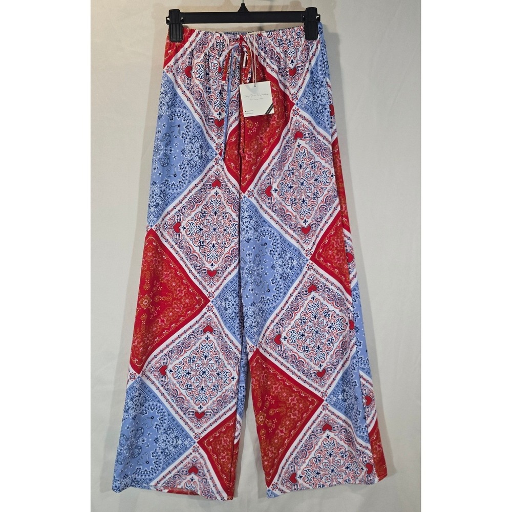 See You‎ Monday Bandana Print Wide Leg Palazzo Pants Red Blue S